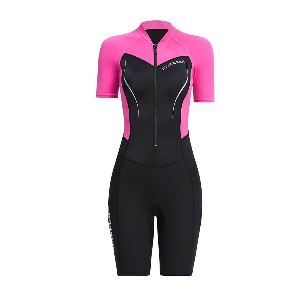 Women's 1.5mm neoprene wetsuit for surfing and diving, pink and black, short sleeve, perfect for water sports like swimming. Model SF0577.